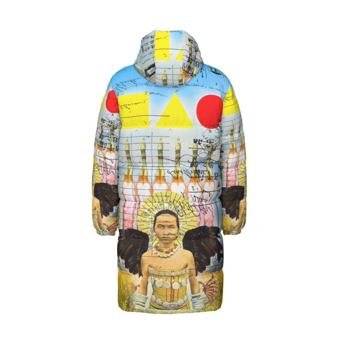 ROCKET GIRL II All-Over Print Unisex Long Down Jacket featuring vibrant collage print, double zipper, and side pockets.