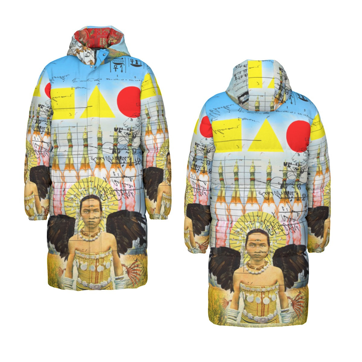 ROCKET GIRL II All-Over Print Unisex Long Down Jacket featuring vibrant collage print, double zipper, and side pockets.