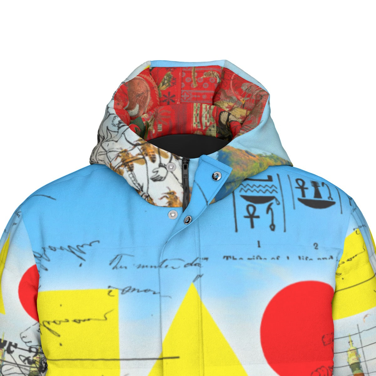 ROCKET GIRL II All-Over Print Unisex Long Down Jacket featuring vibrant collage print, double zipper, and side pockets.