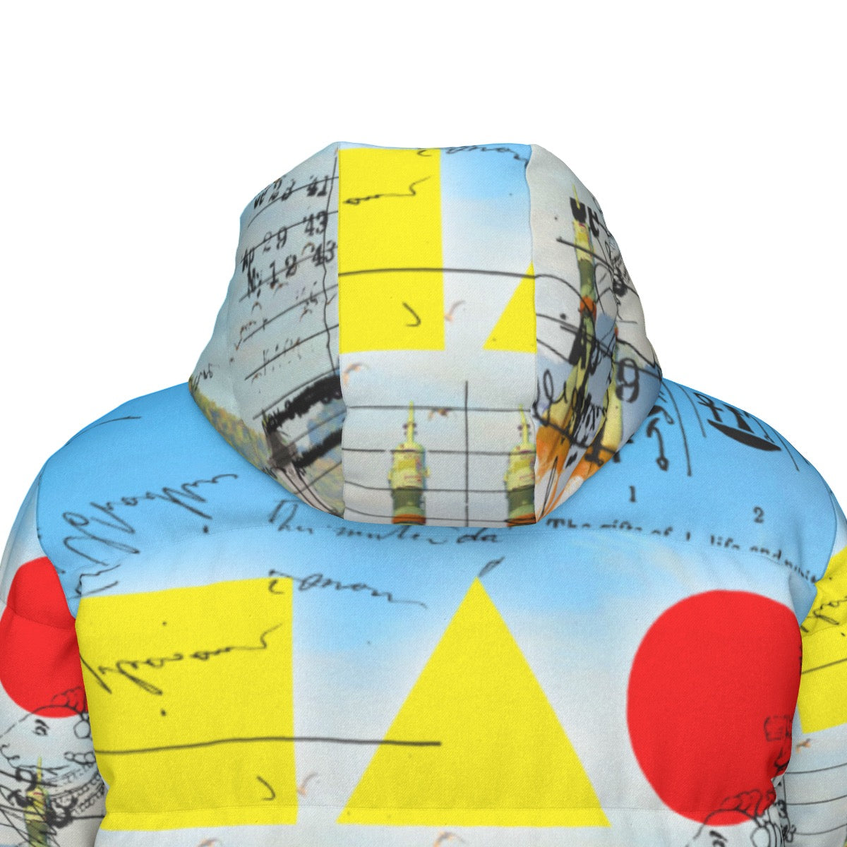 ROCKET GIRL II All-Over Print Unisex Long Down Jacket featuring vibrant collage print, double zipper, and side pockets.