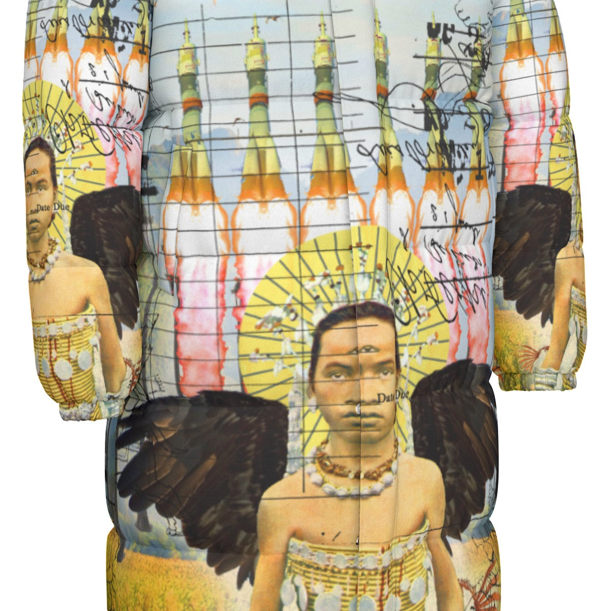 ROCKET GIRL II All-Over Print Unisex Long Down Jacket featuring vibrant collage print, double zipper, and side pockets.