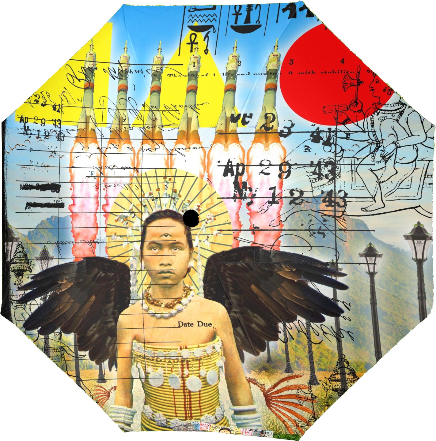 ROCKET GIRL II Semi-Automatic Foldable Umbrella with vibrant collage designs and a comfortable foam handle, showcasing its waterproof fabric and sturdy ribs.