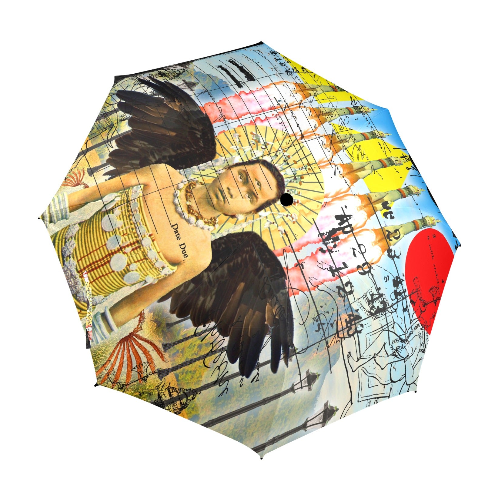 ROCKET GIRL II Semi-Automatic Foldable Umbrella with vibrant collage designs and a comfortable foam handle, showcasing its waterproof fabric and sturdy ribs.