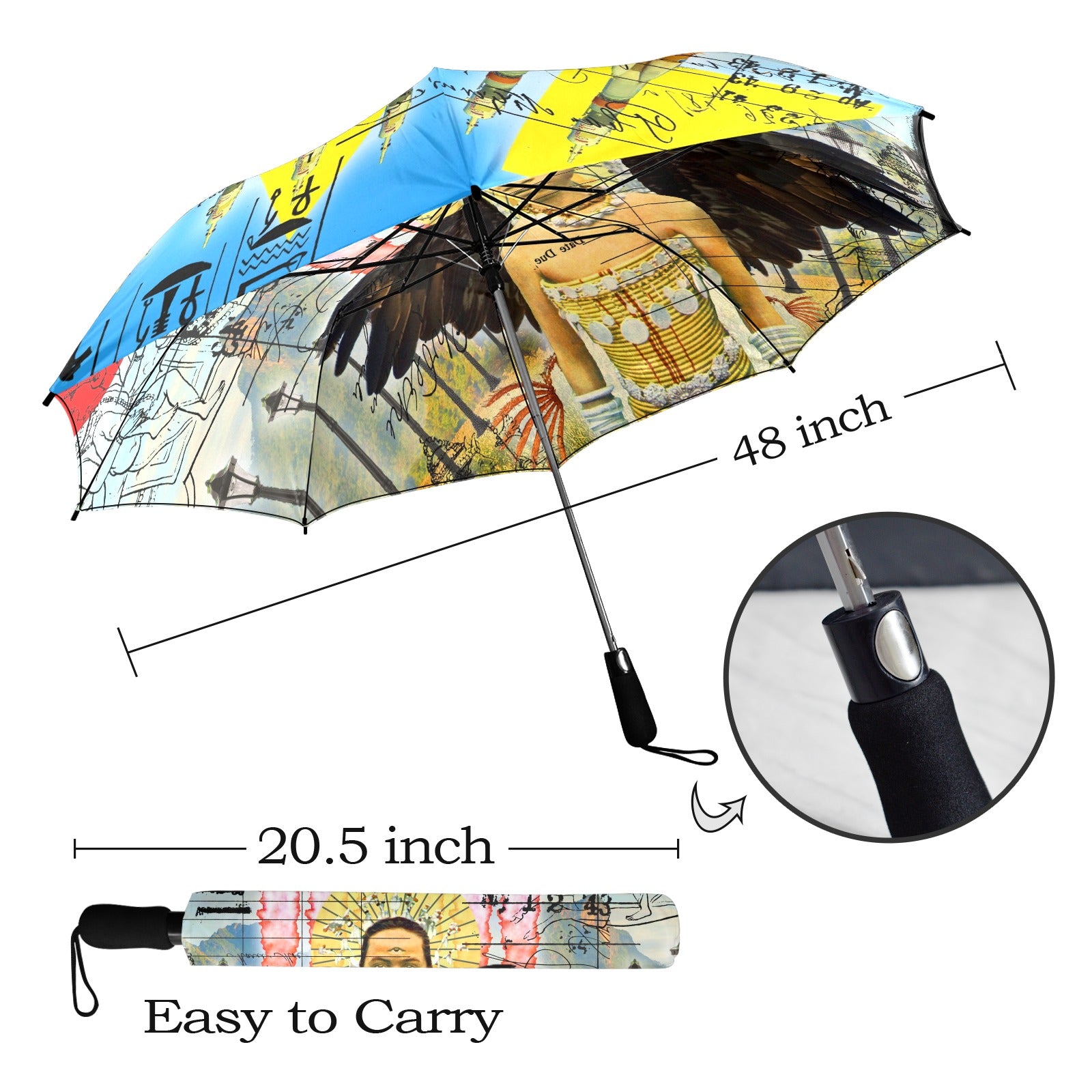 ROCKET GIRL II Semi-Automatic Foldable Umbrella with vibrant collage designs and a comfortable foam handle, showcasing its waterproof fabric and sturdy ribs.