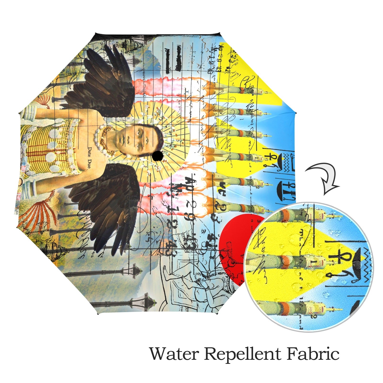 ROCKET GIRL II Semi-Automatic Foldable Umbrella with vibrant collage designs and a comfortable foam handle, showcasing its waterproof fabric and sturdy ribs.