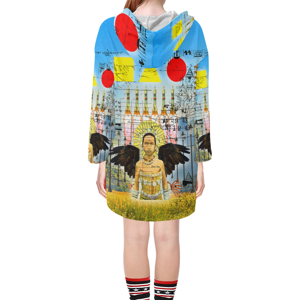 ROCKET GIRL II Unisex Step Hem Tunic Hoodie featuring a drawstring hood, v-neckline, and vibrant collage prints in a relaxed oversized fit.