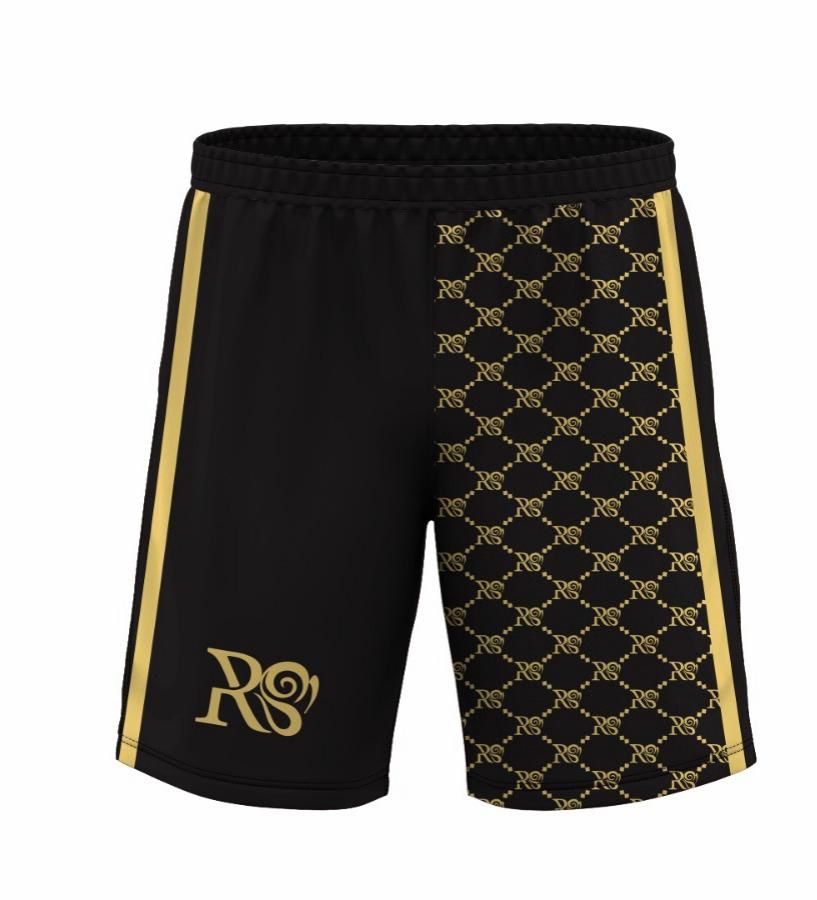 Rose Paulino Official Mens Black Shorts featuring black GG jacquard fabric, elastic waistband with drawstring, and front pockets.