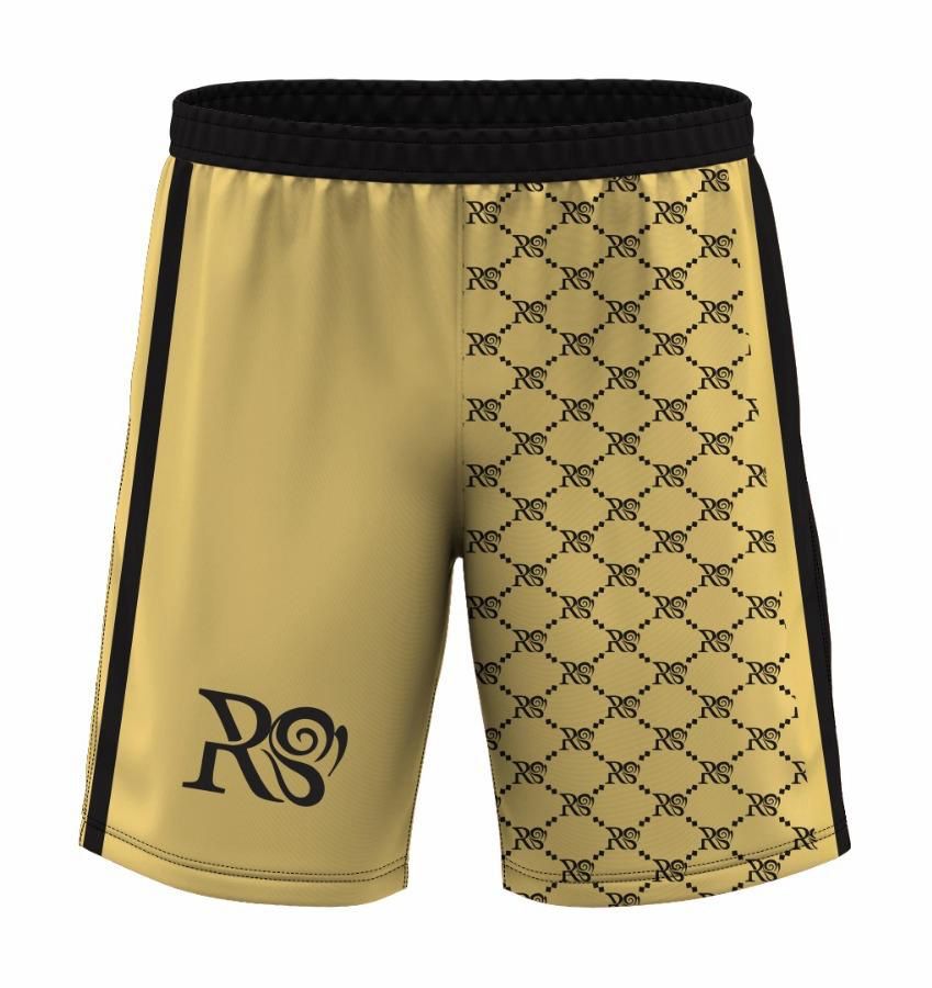 Rose Paulino Official Men's Gold Shorts featuring gold GG jacquard, elastic waistband, and front pockets, made in Italy.