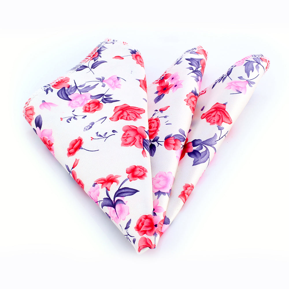 Rose White Floral Mens Pocket Square made of premium silk, featuring an elegant floral design, perfect for formal and casual wear.