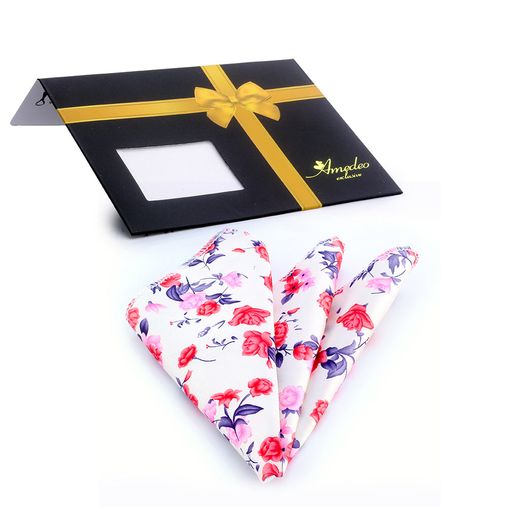 Rose White Floral Mens Pocket Square made of premium silk, featuring an elegant floral design, perfect for formal and casual wear.