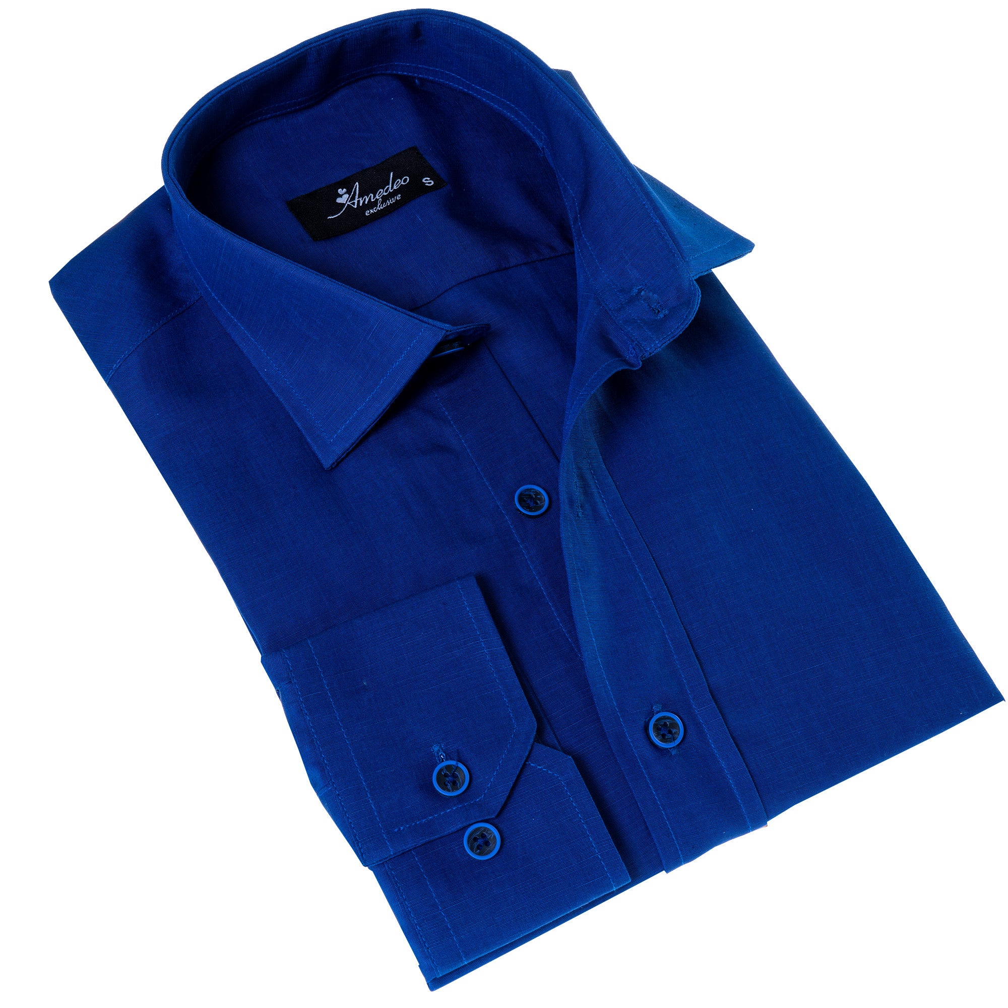 Royal Blue Luxury Men's Tailor Fit Button Up Linen shirt displayed on a hanger, showcasing its elegant design and soft fabric.