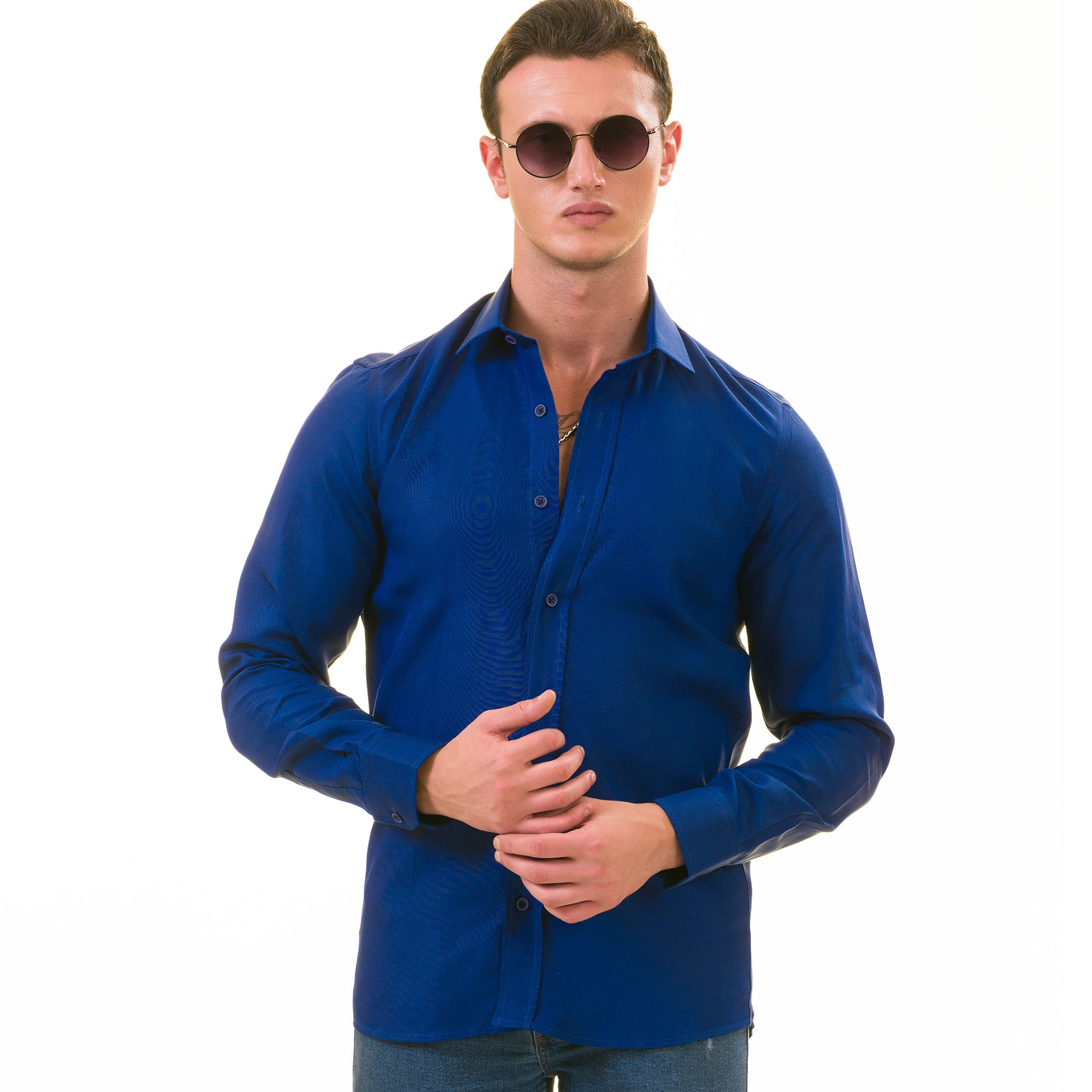 Royal Blue Luxury Men's Tailor Fit Button Up Linen shirt displayed on a hanger, showcasing its elegant design and soft fabric.