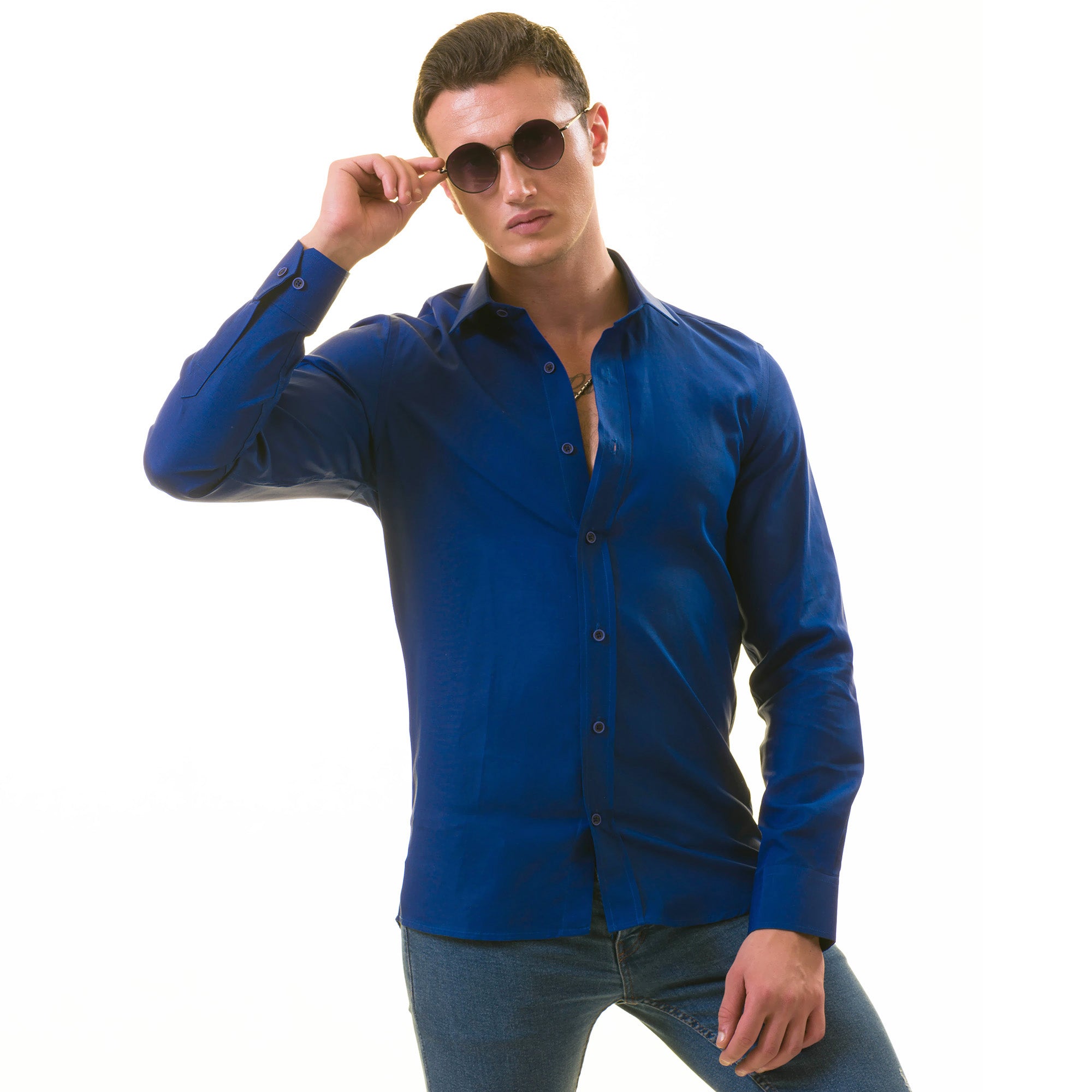 Royal Blue Luxury Men's Tailor Fit Button Up Linen shirt displayed on a hanger, showcasing its elegant design and soft fabric.