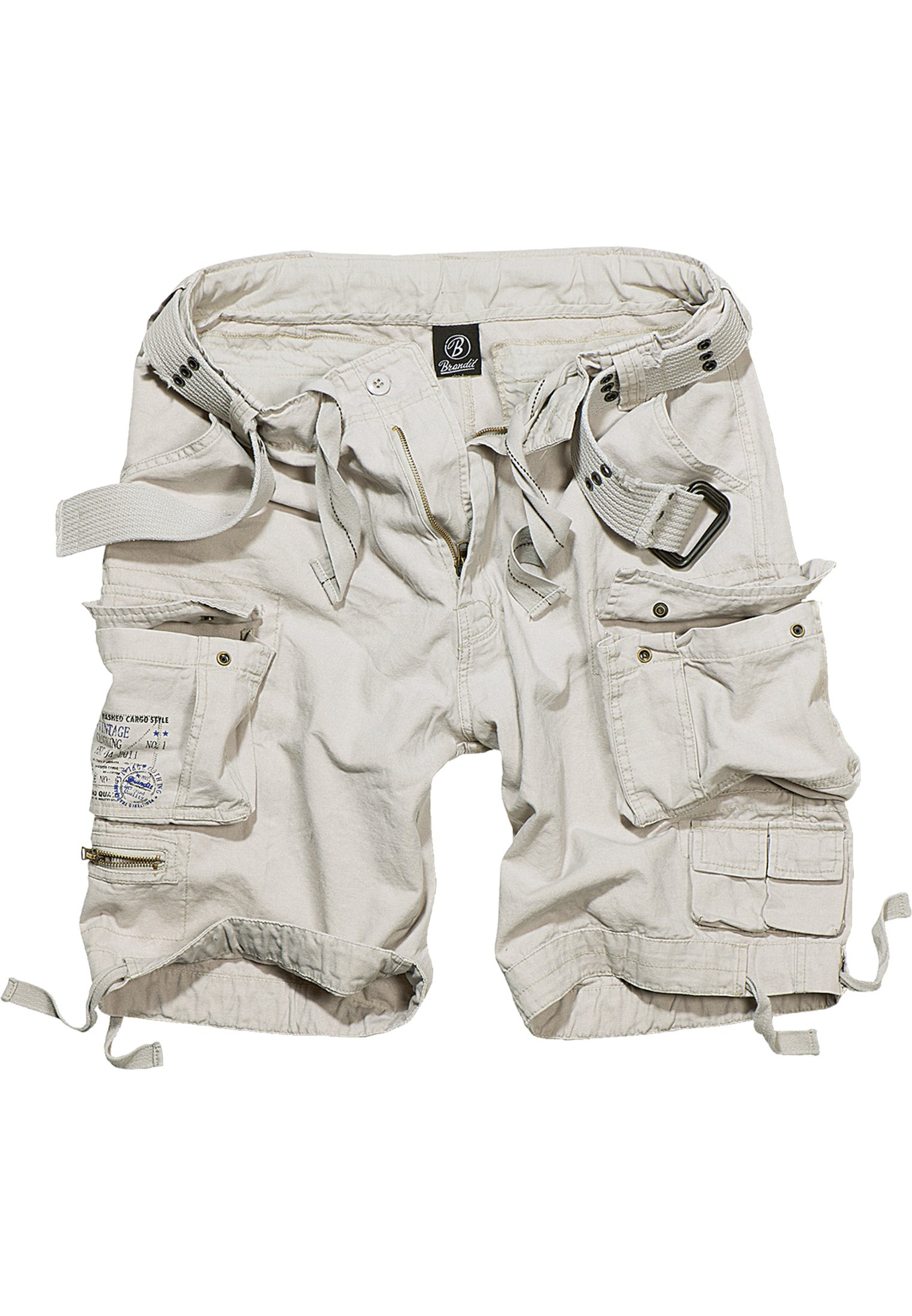 Savage Vintage Cargo Shorts in a rugged outdoor setting, showcasing large side pockets and decorative belt with eyelets.