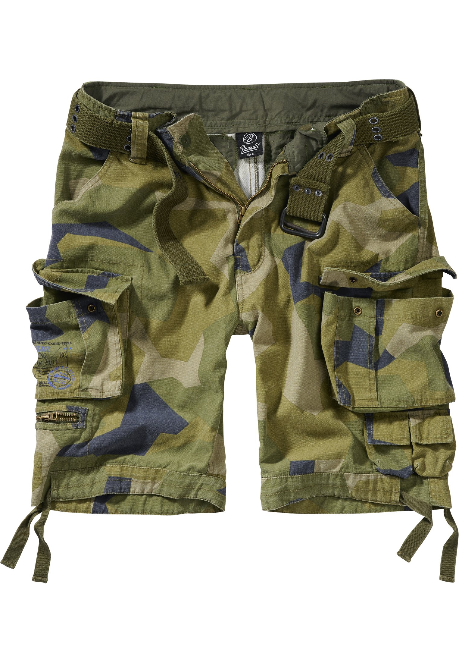 Savage Vintage Cargo Shorts in a rugged outdoor setting, showcasing large side pockets and decorative belt with eyelets.
