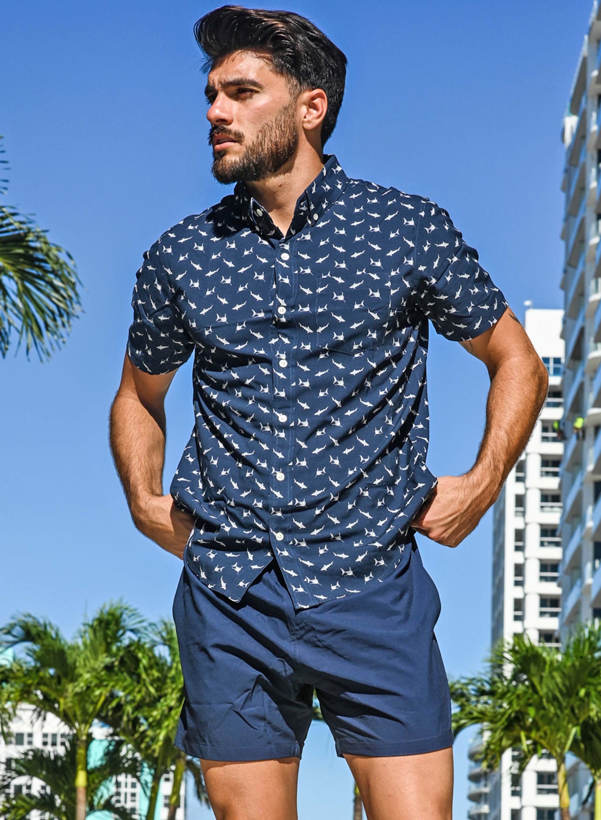 Sharks Rayon Stretch Shirt showcasing its soft fabric and stylish design with a chest pocket.