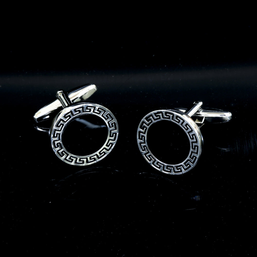 Elegant silver and black stainless steel cufflinks with dark blue stone triangle, perfect for men's formal and casual wear.