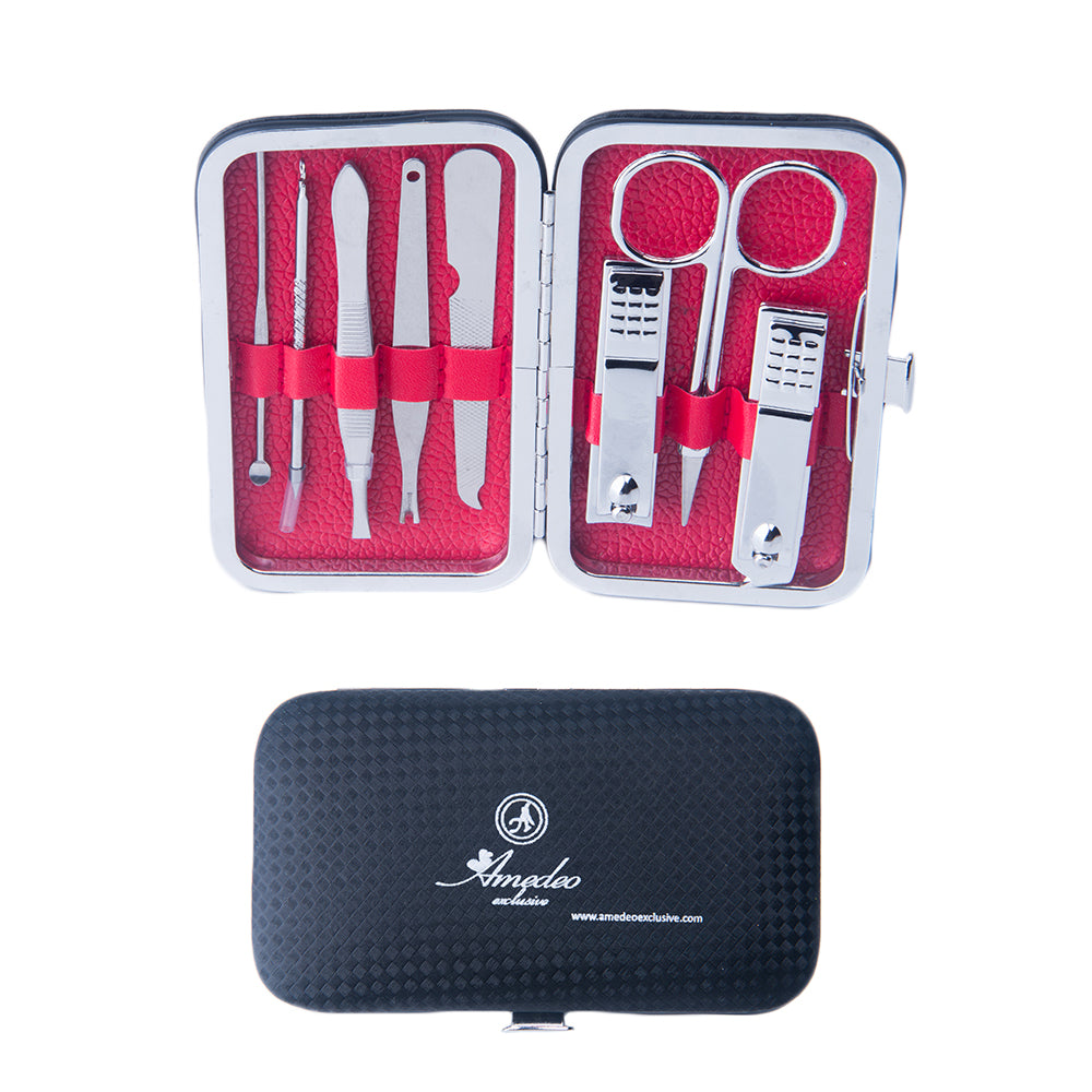 Silver stainless steel and red men's manicure pedicure kit with 8 grooming tools in a stylish PU leather case.