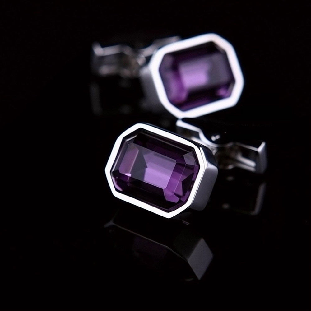 Silver stainless steel cufflinks featuring a large purple stone, elegantly designed for men, perfect for formal and casual wear.