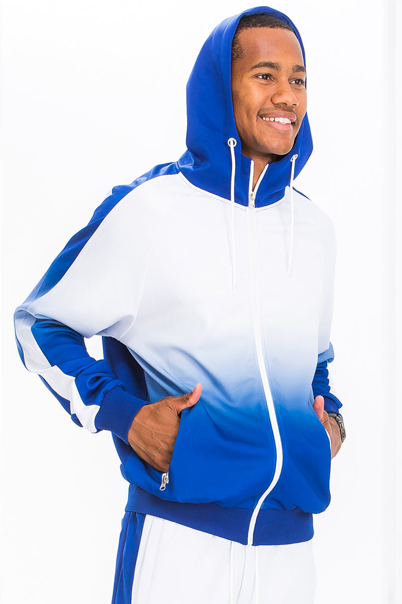 Skyy Ombre Set featuring a full zip jacket with hood and standard pockets, showcasing a stylish ombre design.