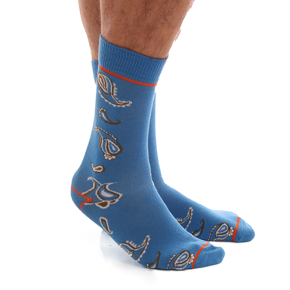 Soft Cotton Blue Paisley Mens Dress Socks featuring a stylish paisley pattern, made from luxury European cotton for comfort and elegance.