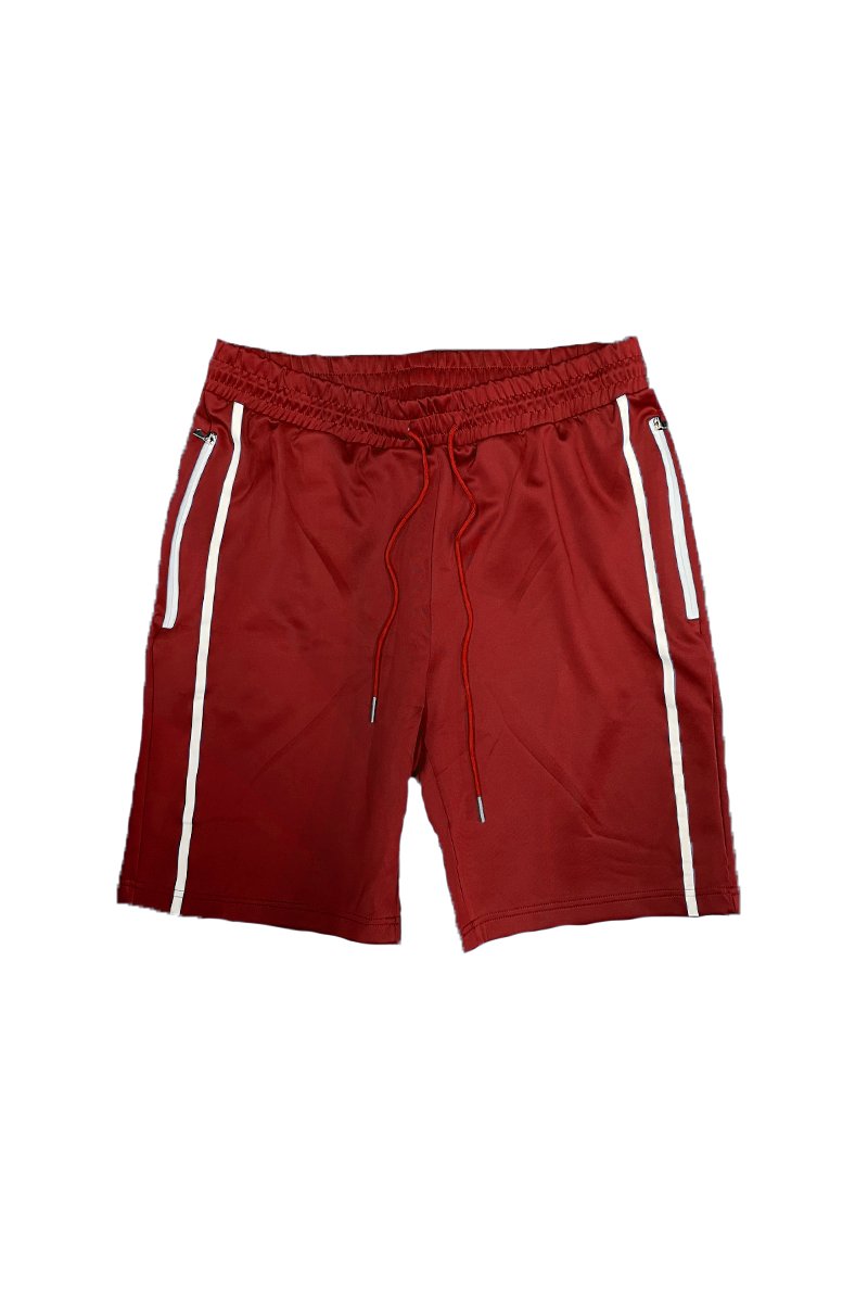 Solid Athlete Tape Shorts featuring an elastic waist, zippered pockets, and a regular fit, ideal for workouts and casual wear.