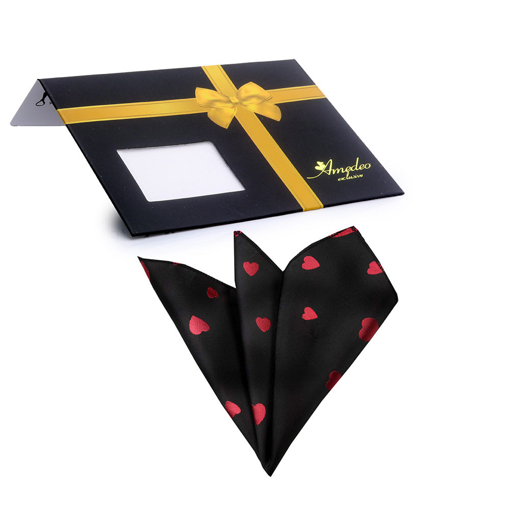 Solid black pocket square with red hearts, made from premium silk, elegantly folded and displayed.