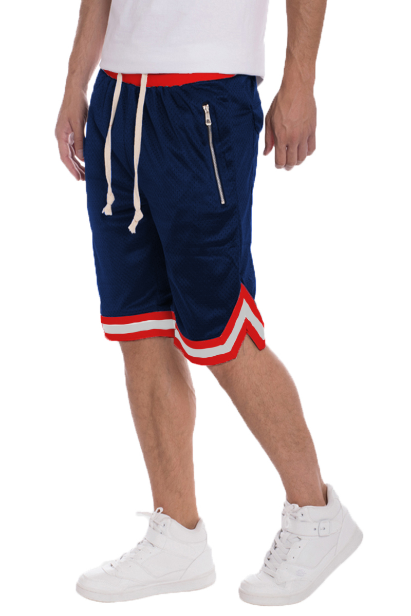 A pair of Solid Mesh Basketball Active Shorts featuring a striped waistband and elastic drawstring, designed for comfort and performance.