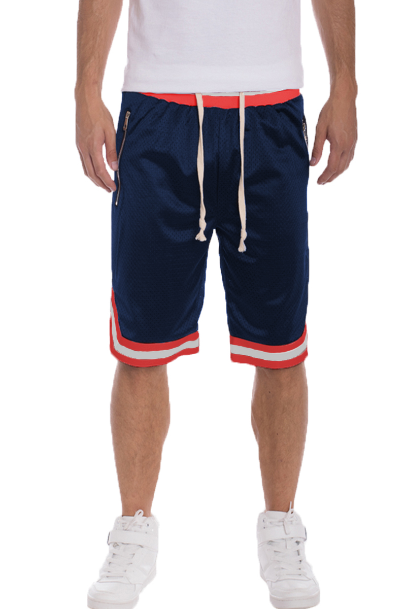 A pair of Solid Mesh Basketball Active Shorts featuring a striped waistband and elastic drawstring, designed for comfort and performance.