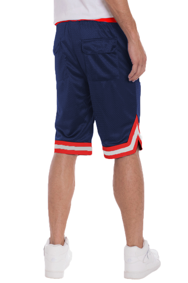 A pair of Solid Mesh Basketball Active Shorts featuring a striped waistband and elastic drawstring, designed for comfort and performance.