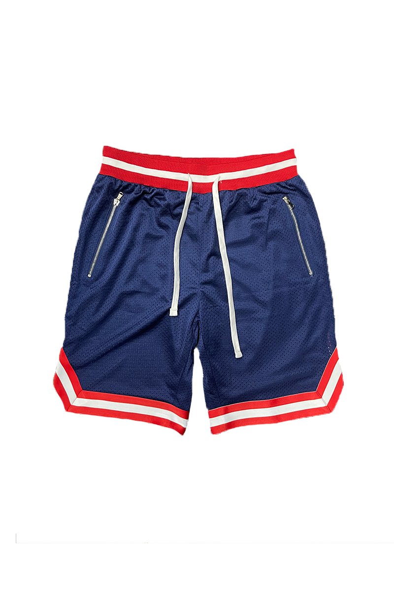 A pair of Solid Mesh Basketball Active Shorts featuring a striped waistband and elastic drawstring, designed for comfort and performance.