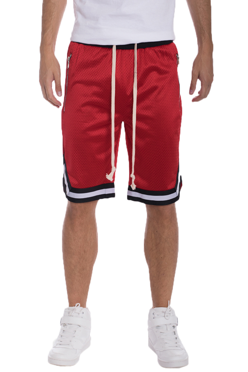 Solid Mesh Basketball Active Shorts featuring elastic waistband, drawstring, and stylish contrast stripes.