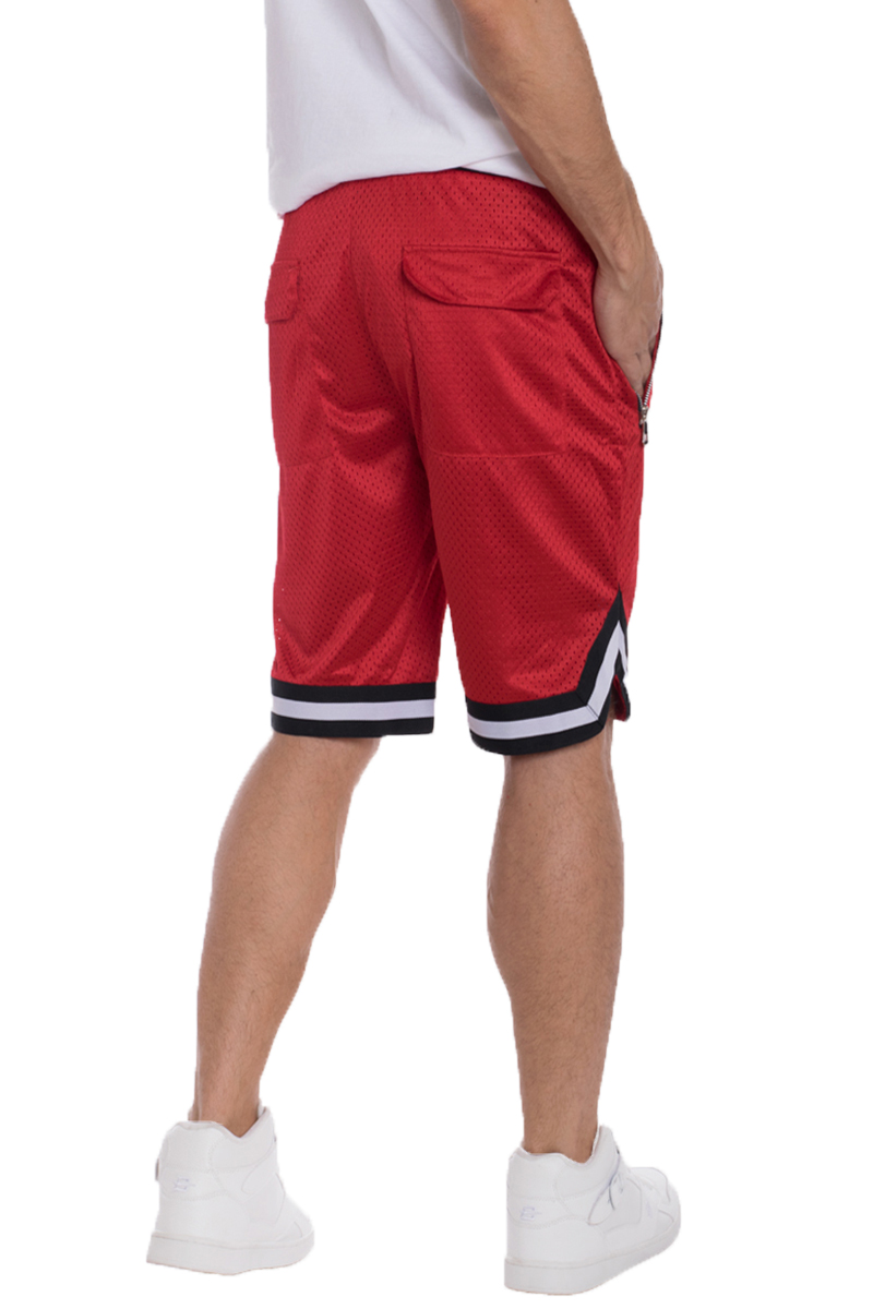 Solid Mesh Basketball Active Shorts featuring elastic waistband, drawstring, and stylish contrast stripes.