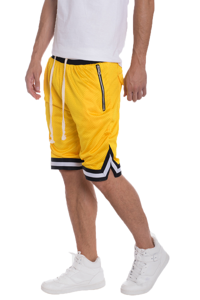 Solid Mesh Basketball Active Shorts featuring elastic waistband, drawstring, and stylish contrast stripes.