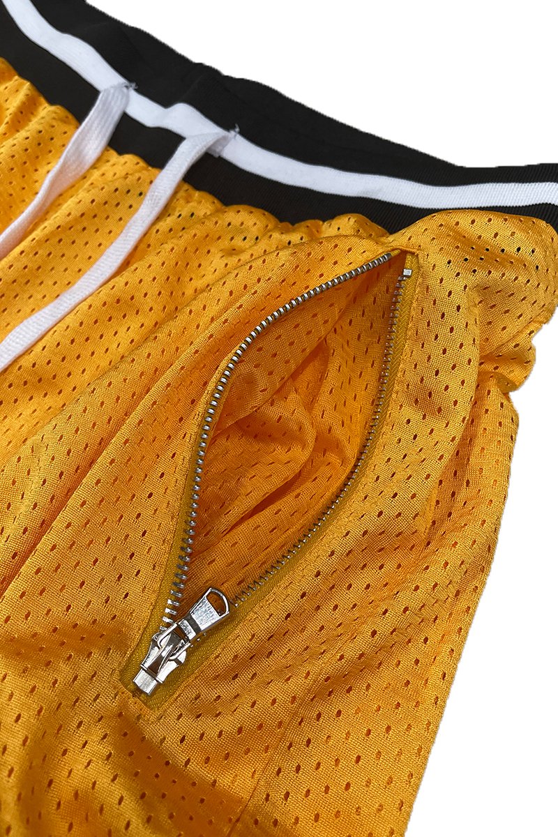 Solid Mesh Basketball Active Shorts featuring elastic waistband, drawstring, and stylish contrast stripes.