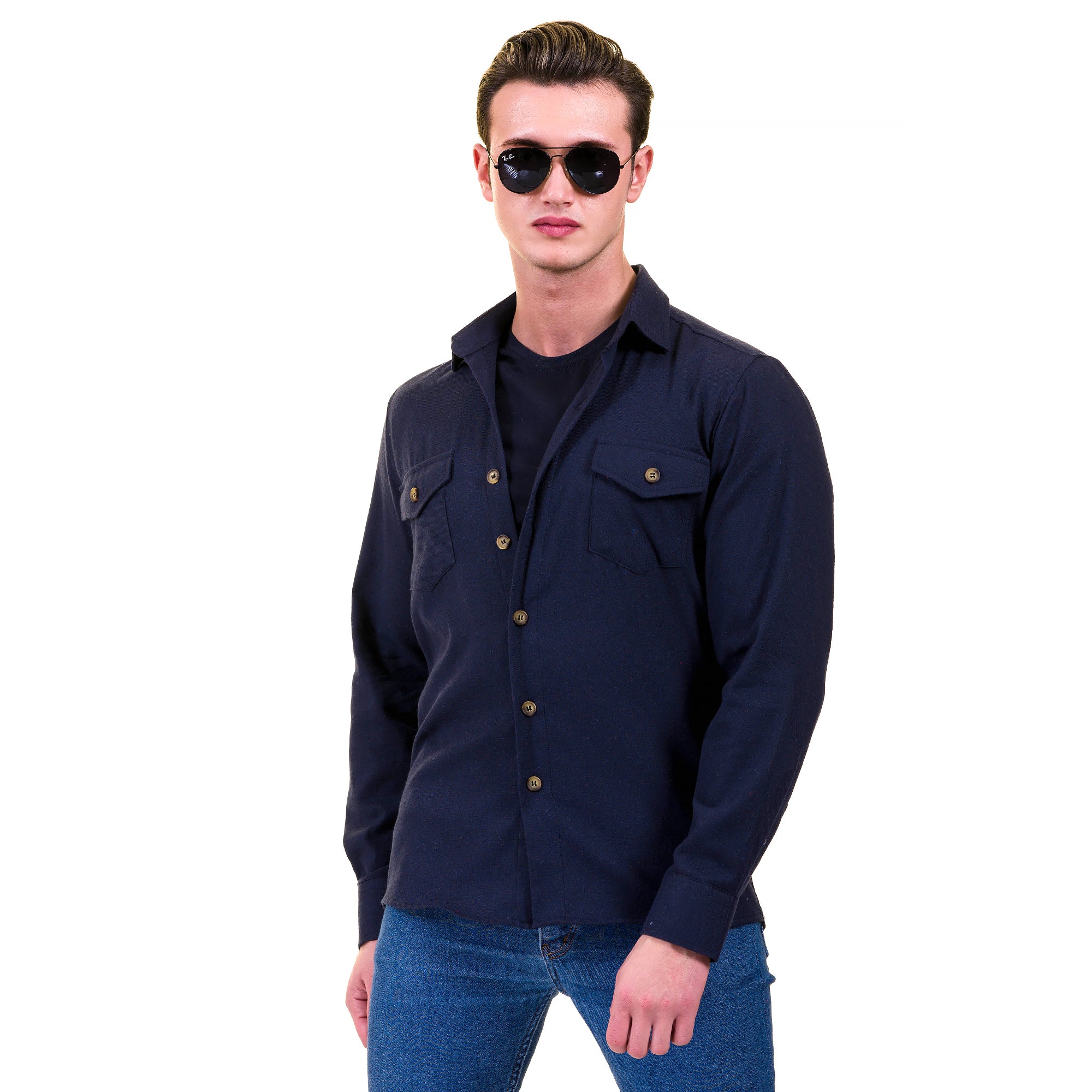 Solid Navy Blue Check Mens Slim Fit Designer Dress Shirt featuring a tailored fit, spread collar, and designer cuff, made from luxury European cotton.