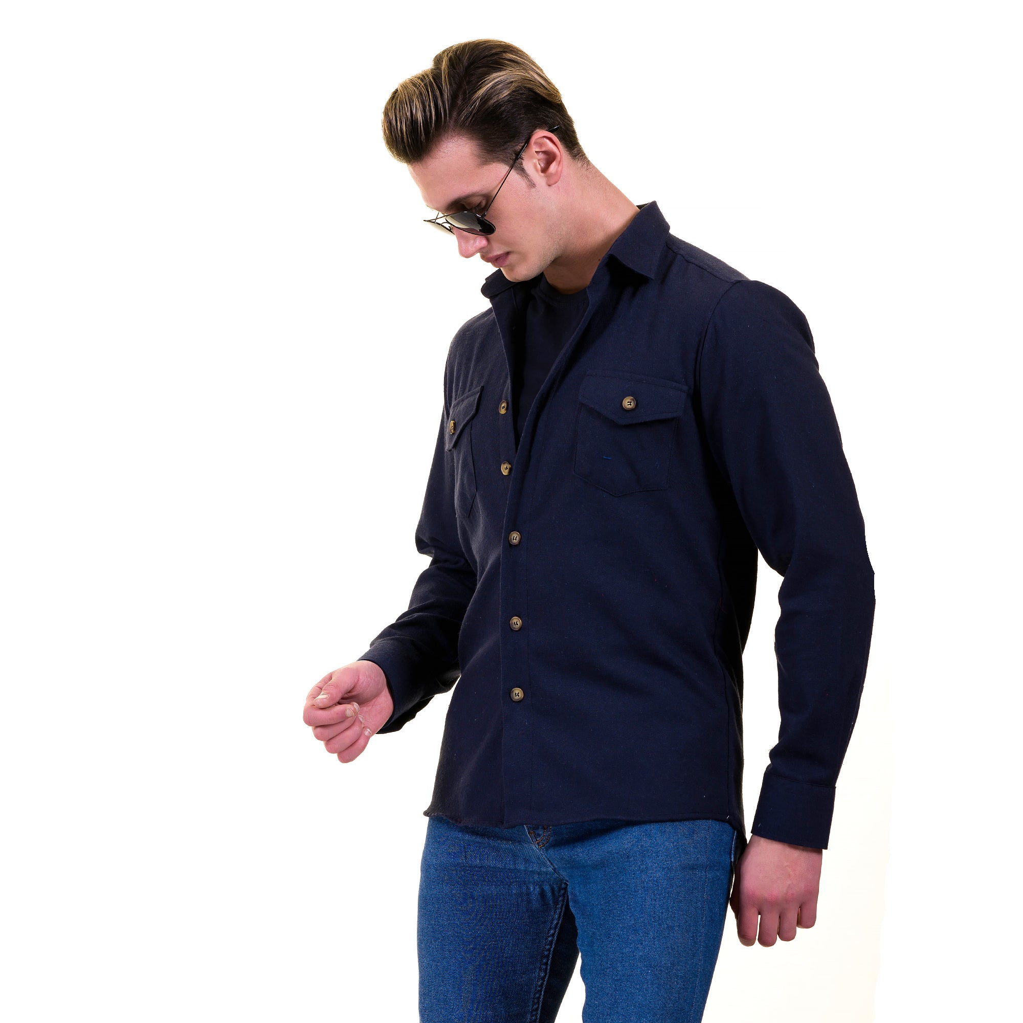 Solid Navy Blue Check Mens Slim Fit Designer Dress Shirt featuring a tailored fit, spread collar, and designer cuff, made from luxury European cotton.