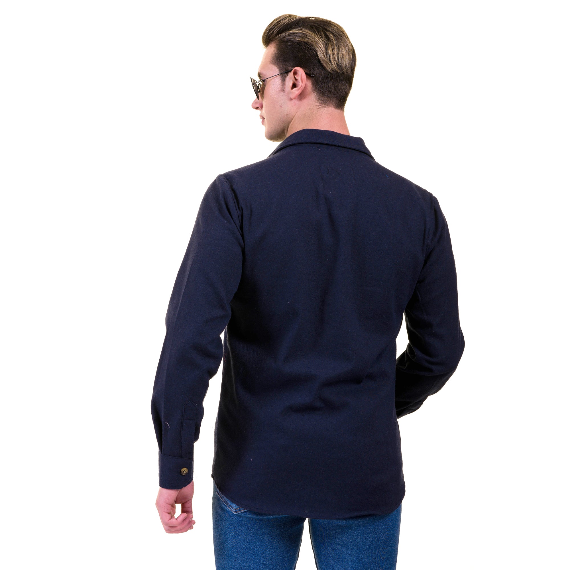 Solid Navy Blue Check Mens Slim Fit Designer Dress Shirt featuring a tailored fit, spread collar, and designer cuff, made from luxury European cotton.