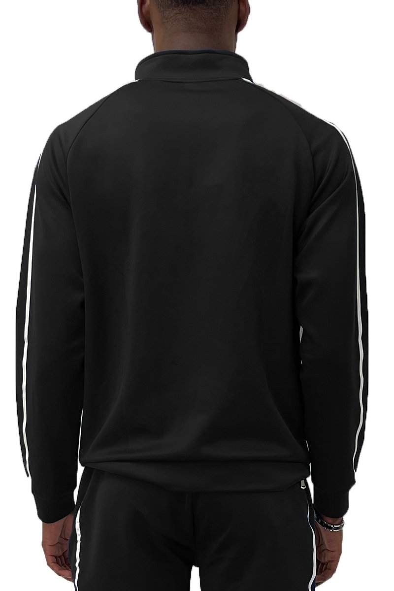 A stylish Solid Tape Track Jacket featuring a full zip design, standard pockets, and a comfortable fit, made from polyester and spandex.