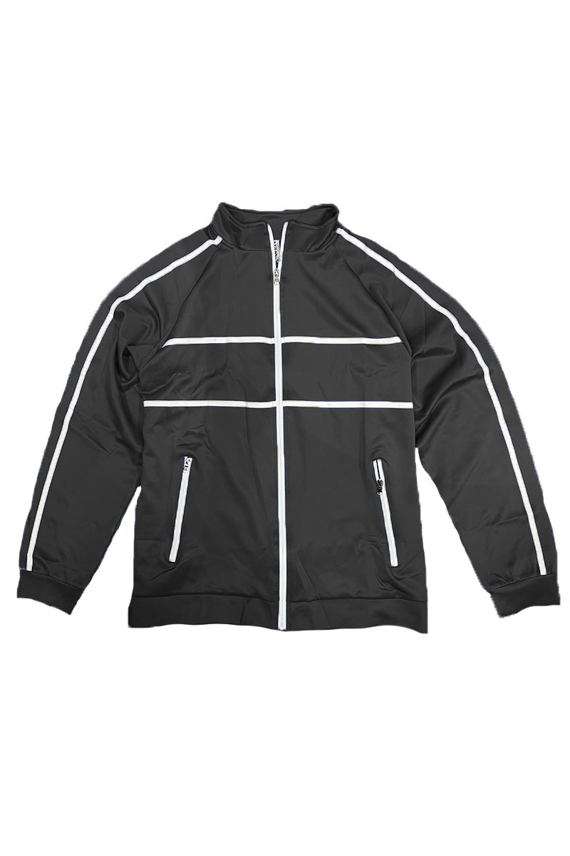 A stylish Solid Tape Track Jacket featuring a full zip design, standard pockets, and a comfortable fit, made from polyester and spandex.
