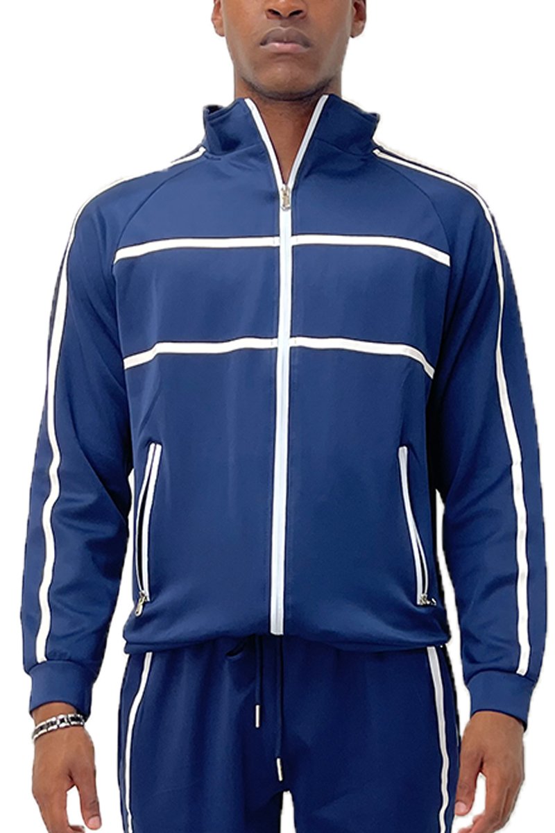 A stylish Solid Tape Track Jacket featuring a full zip design, standard pockets, and a comfortable fit, made from polyester and spandex.