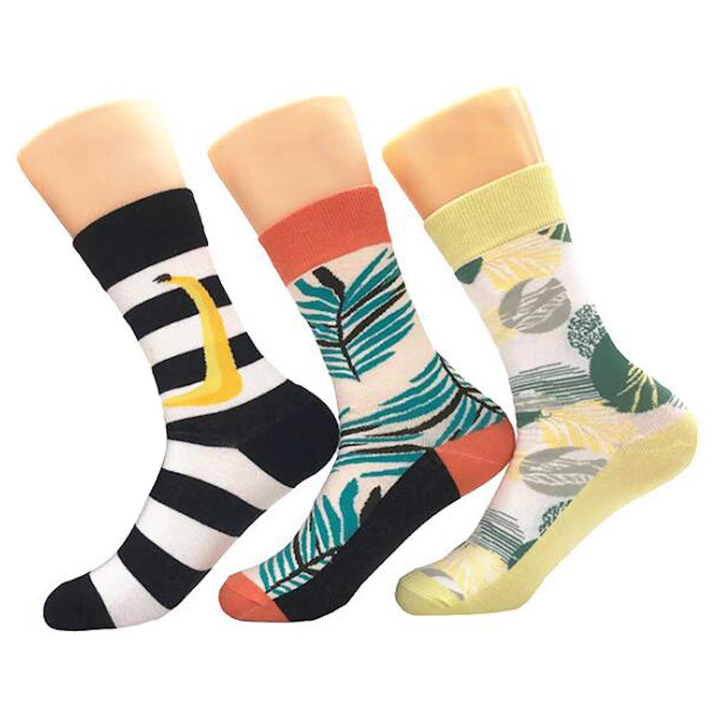 Colorful crew socks with a stripe leaf pattern, made from premium cotton, designed for men.