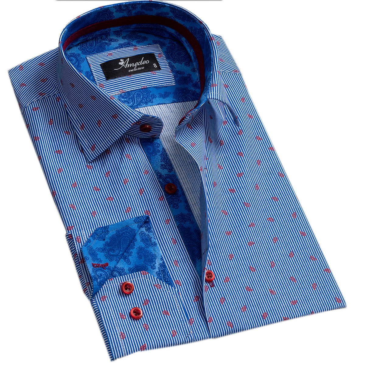 Striped blue and white men's slim fit designer dress shirt with long sleeves and designer cuffs, made from luxury European cotton.