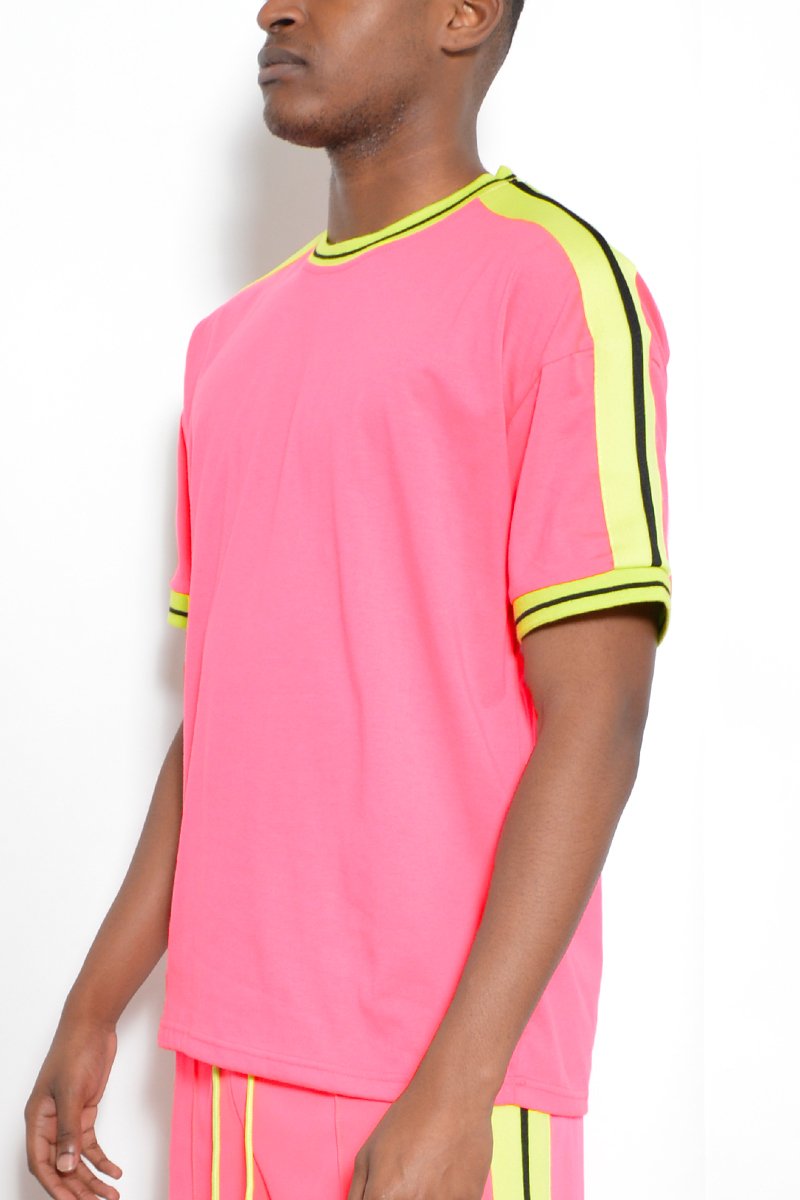 Striped Tape Tee featuring a round neck, straight hem, and striped tape collar and sleeve details, made from 100% cotton.