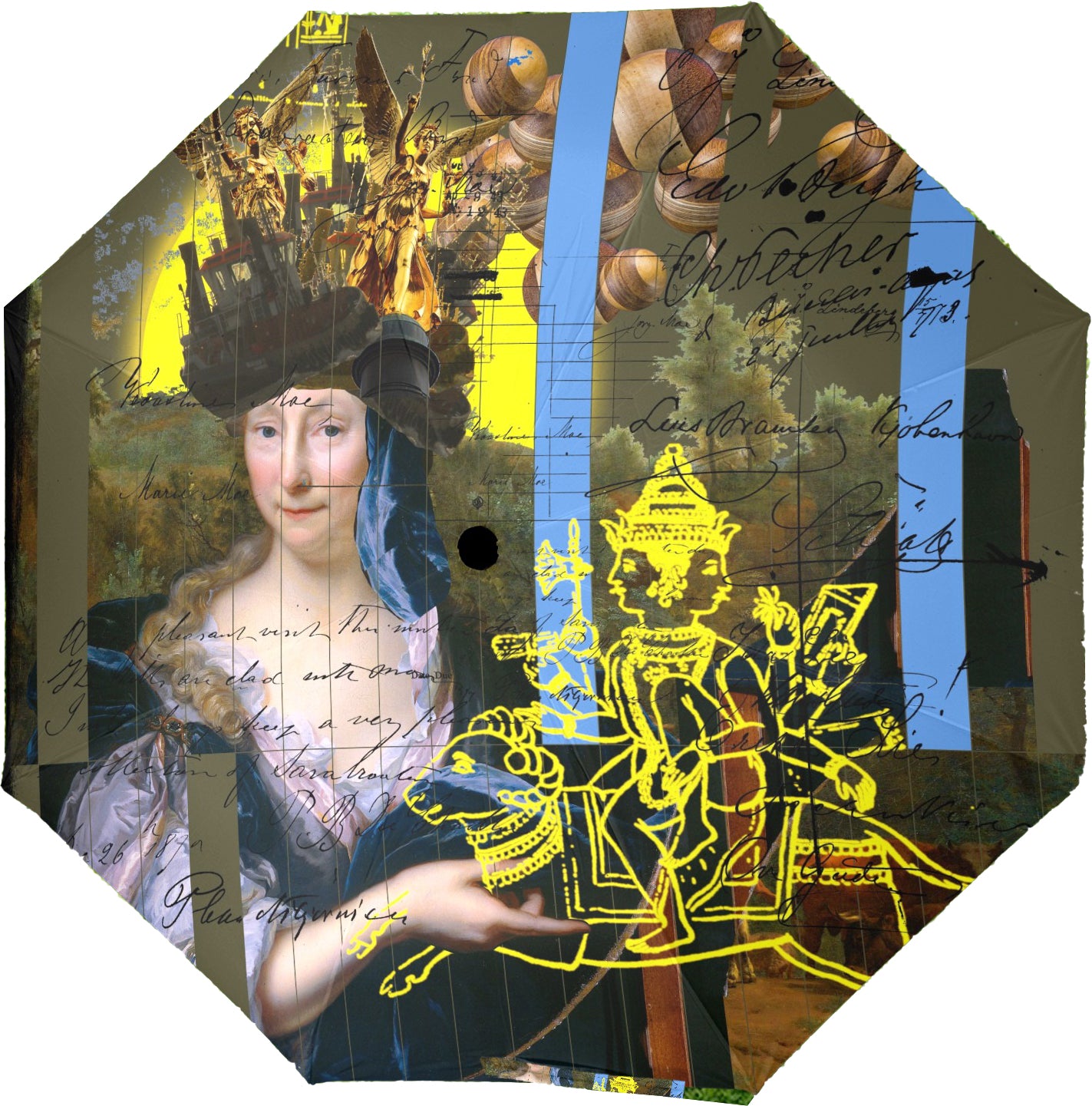 SUNRISE Semi-Automatic Foldable Umbrella showcasing vibrant collage designs with a comfortable foam handle.