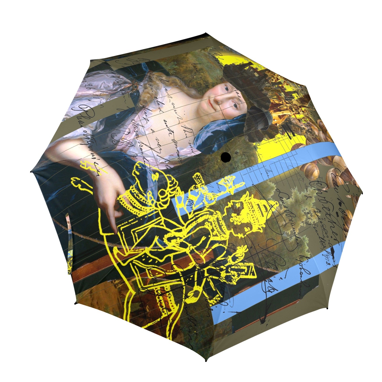 SUNRISE Semi-Automatic Foldable Umbrella showcasing vibrant collage designs with a comfortable foam handle.