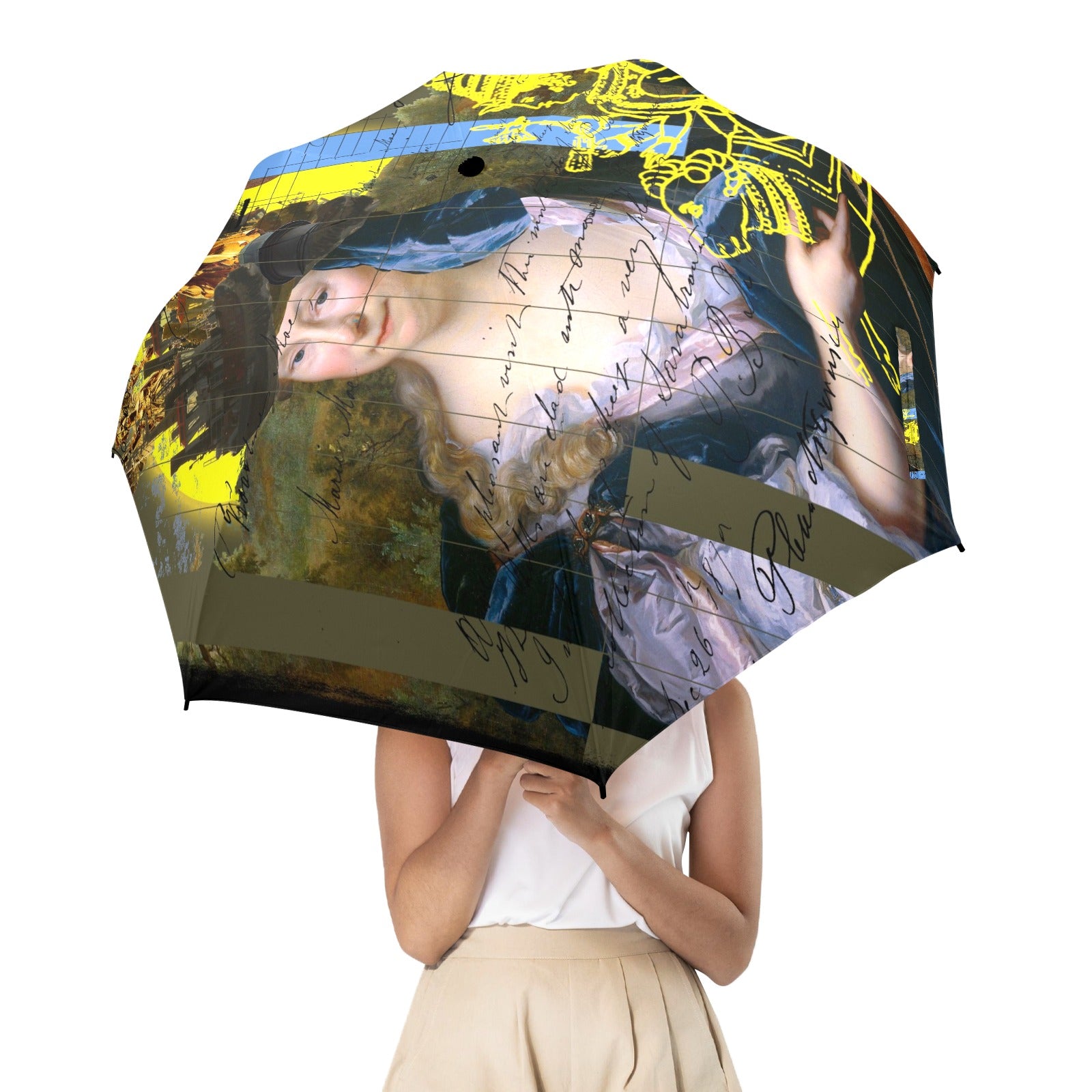 SUNRISE Semi-Automatic Foldable Umbrella showcasing vibrant collage designs with a comfortable foam handle.