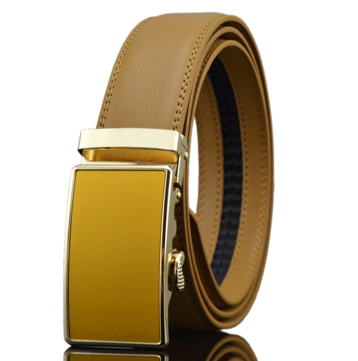 Tan leather belt with a gold tan buckle, adjustable ratchet slide design for men, showcasing its premium quality and stylish appearance.