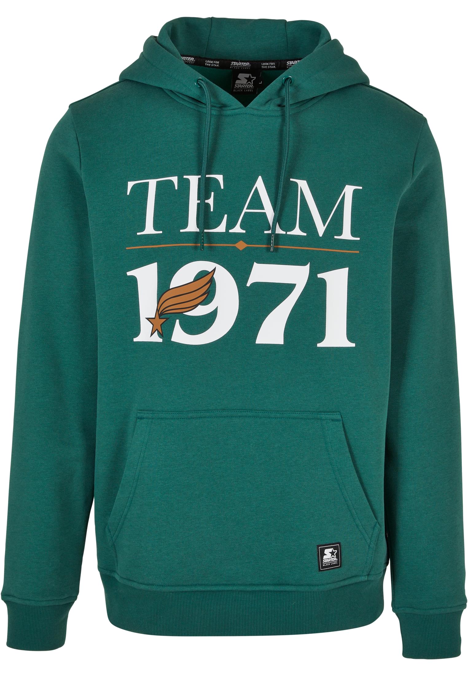 Men's Team 1971 Hoodie featuring a bold print, kangaroo pocket, and drawstring hood in a casual style.