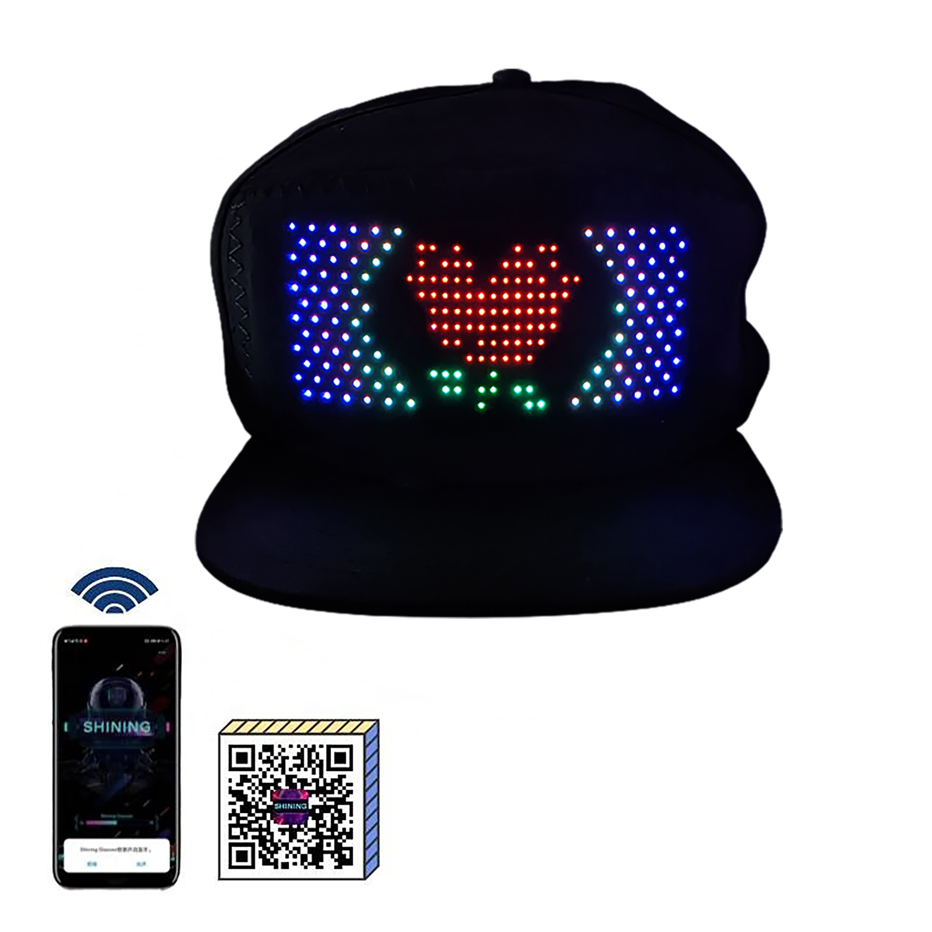 TGT Unique App Controlled LED Hat featuring customizable LED display with vibrant colors and animations, perfect for parties and events.